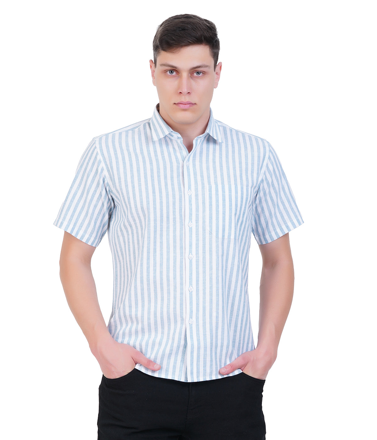 Cotton Linen Blue Stripe Short Sleeve Shirt