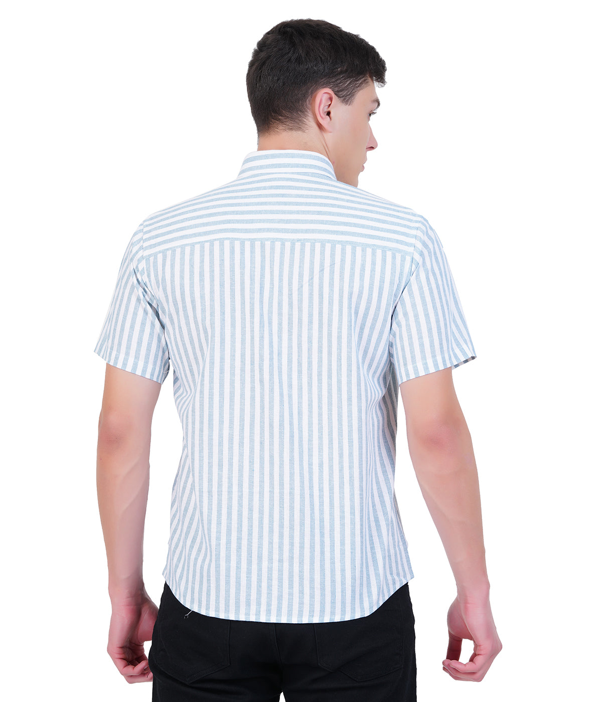 Cotton Linen Blue Stripe Short Sleeve Shirt