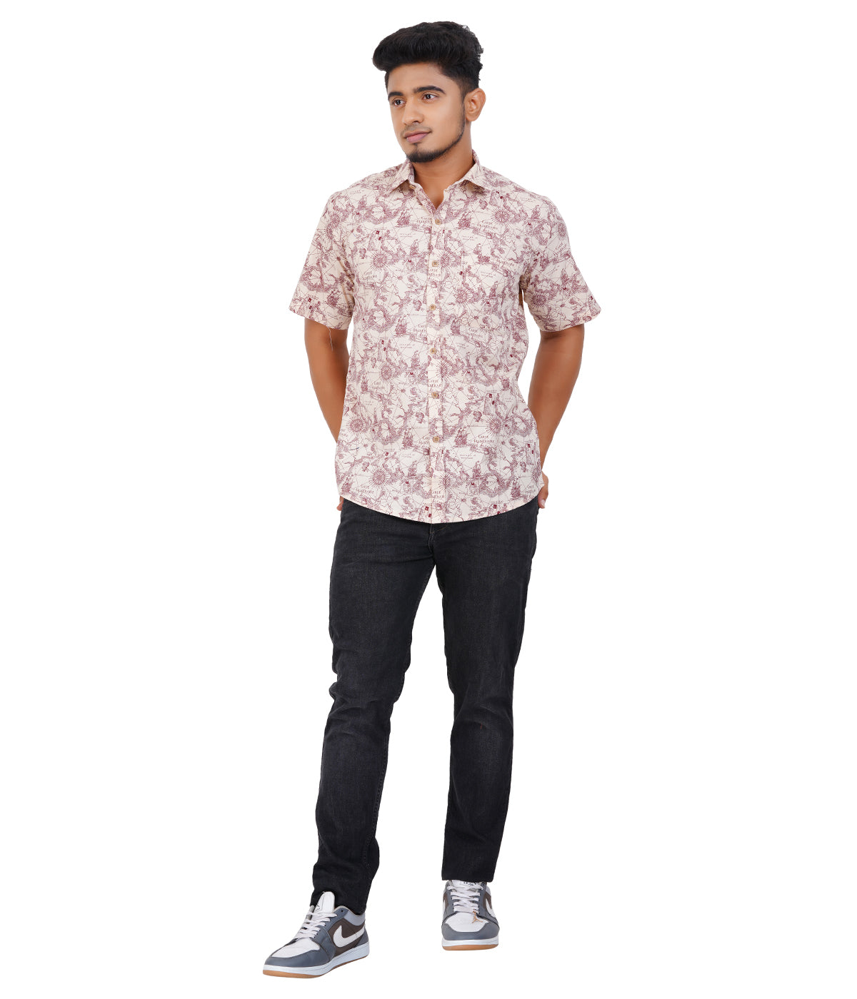 100% Cotton Maroon Treasure-Trail Printed Shirt