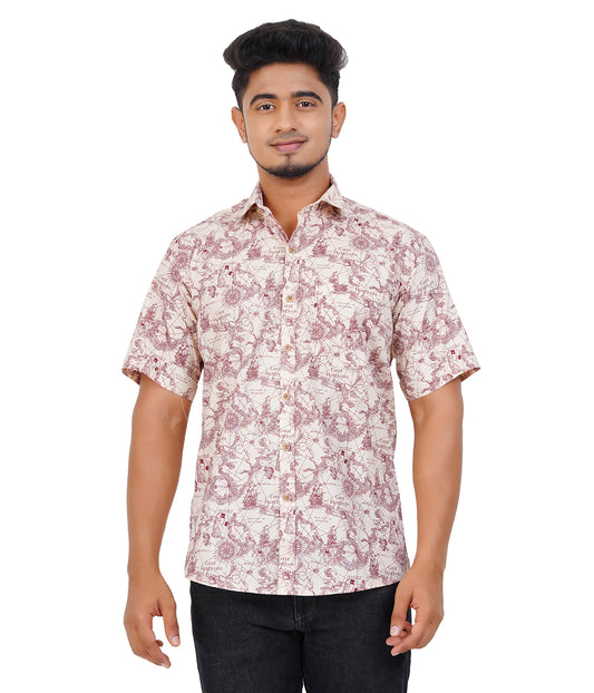 100% Cotton Maroon Treasure-Trail Printed Shirt